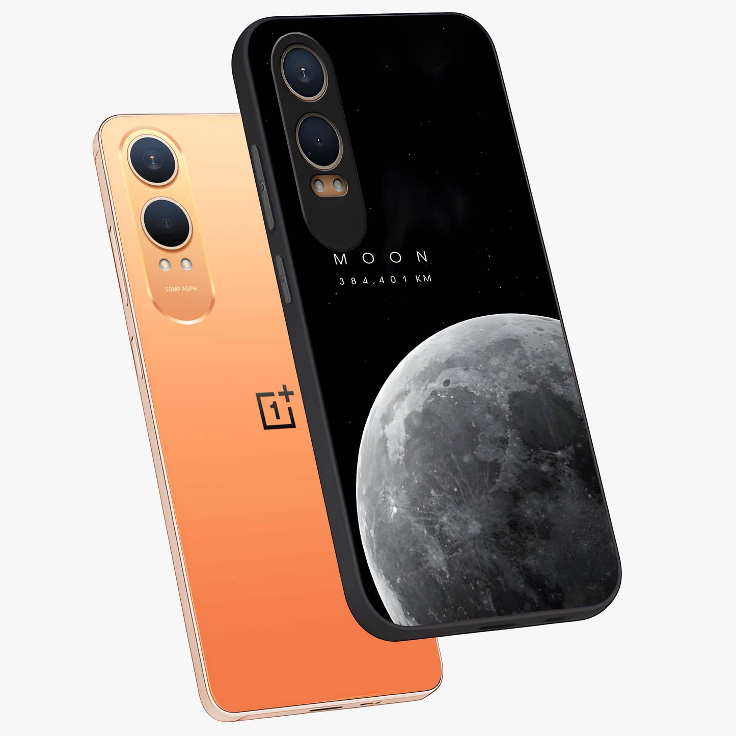 Cosmic Moon Glow Glass Case for 1+Nord CE 4 Lite angled mockup showcasing glossy finish and luminous night design