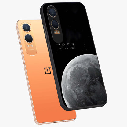 Cosmic Moon Glow Glass Case for 1+Nord CE 4 Lite angled mockup showcasing glossy finish and luminous night design