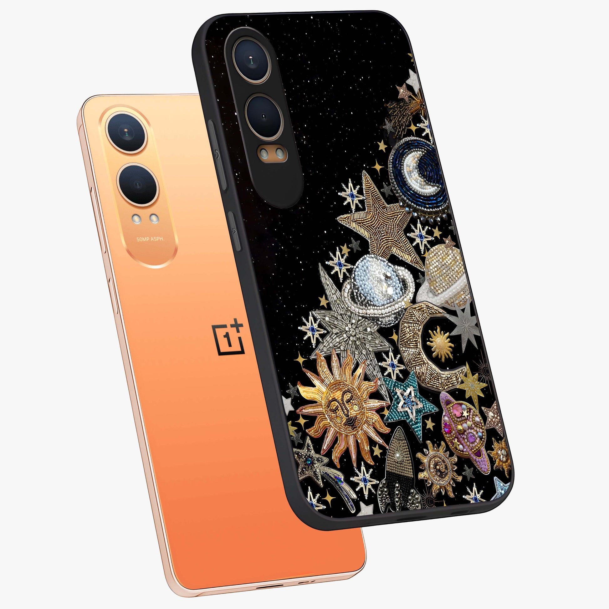 Cosmic Sparkle Dreams Glass Case for 1+Nord CE 4 Lite angled mockup showcasing glossy finish and vibrant celestial glow