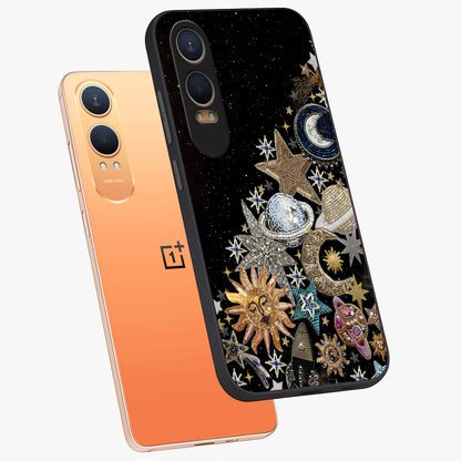 Cosmic Sparkle Dreams Glass Case for 1+Nord CE 4 Lite angled mockup showcasing glossy finish and vibrant celestial glow