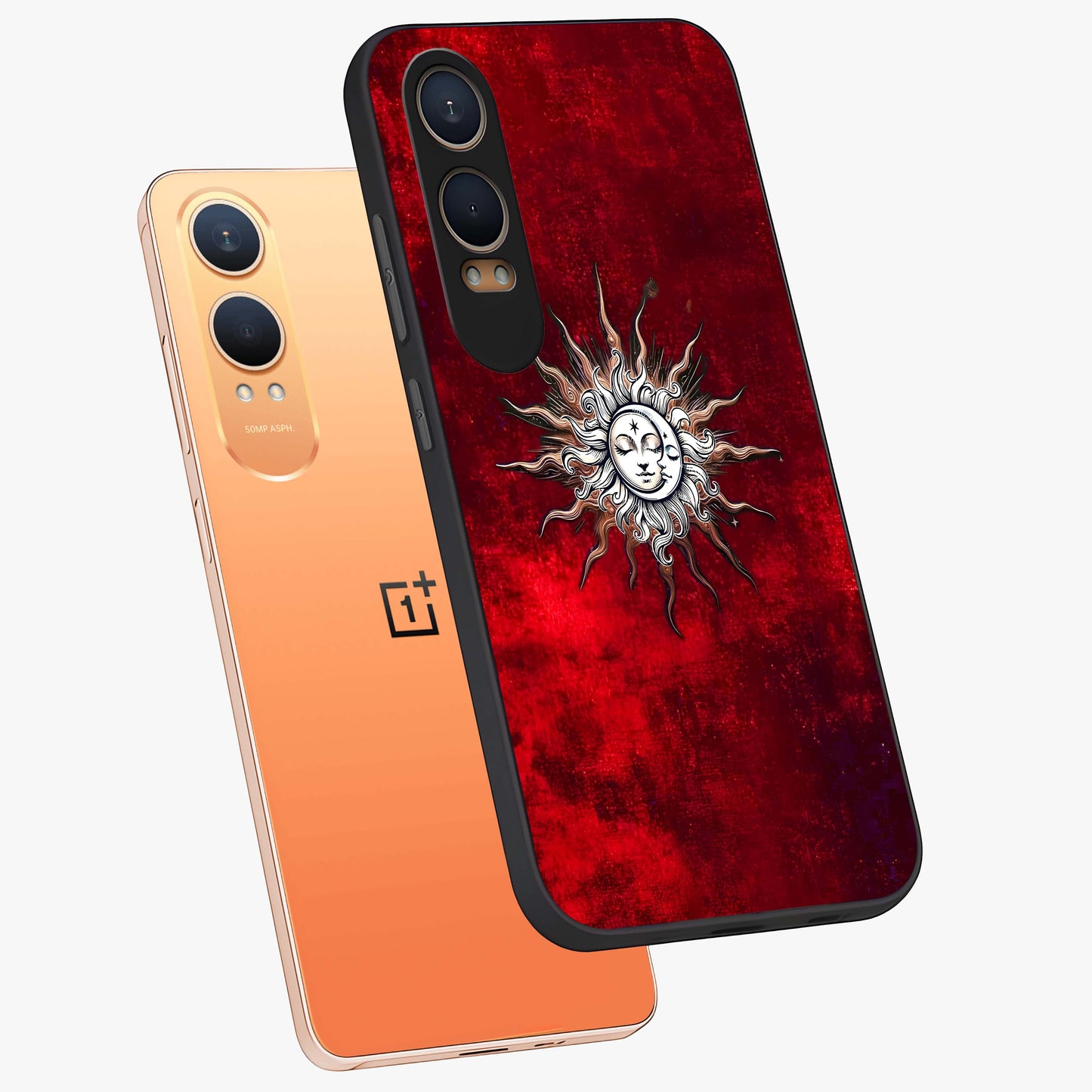 Cosmic Twin Eclipse Glass Case for 1+Nord CE 4 Lite angled mockup showcasing glossy finish and bold celestial contrast