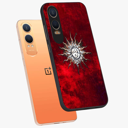 Cosmic Twin Eclipse Glass Case for 1+Nord CE 4 Lite angled mockup showcasing glossy finish and bold celestial contrast