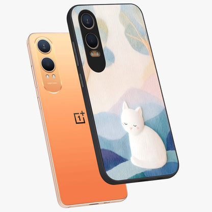 Cotton Dream Cat Glass Case for 1+Nord CE 4 Lite angled mockup showcasing glossy glass finish and cozy aesthetic design