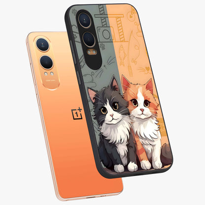 Cozy Cat Duo Glass Case for 1+Nord CE 4 Lite angled mockup showcasing glossy finish and charming pastel tones
