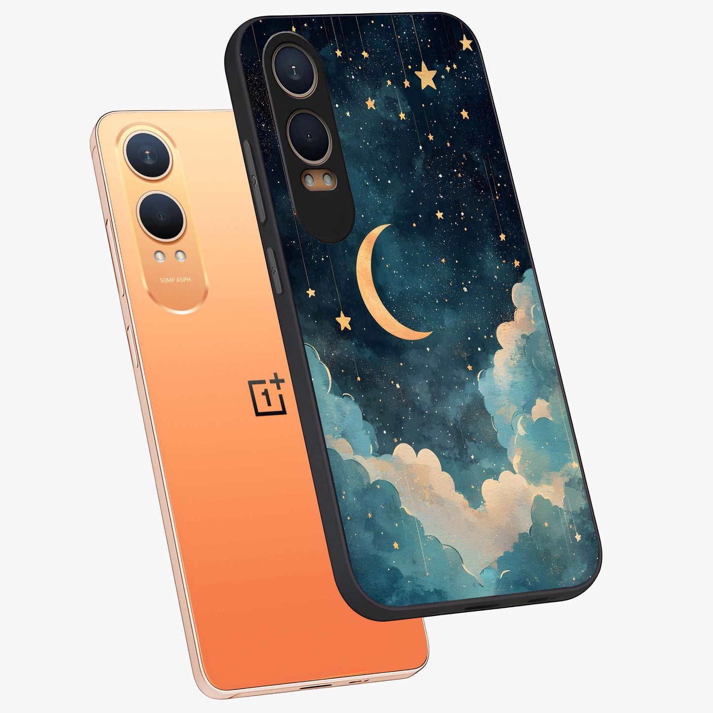 Crescent Galaxy Moon Glass Case for 1+Nord CE 4 Lite angled mockup showcasing glossy finish and glowing galaxy tones