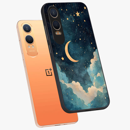 Crescent Galaxy Moon Glass Case for 1+Nord CE 4 Lite angled mockup showcasing glossy finish and glowing galaxy tones
