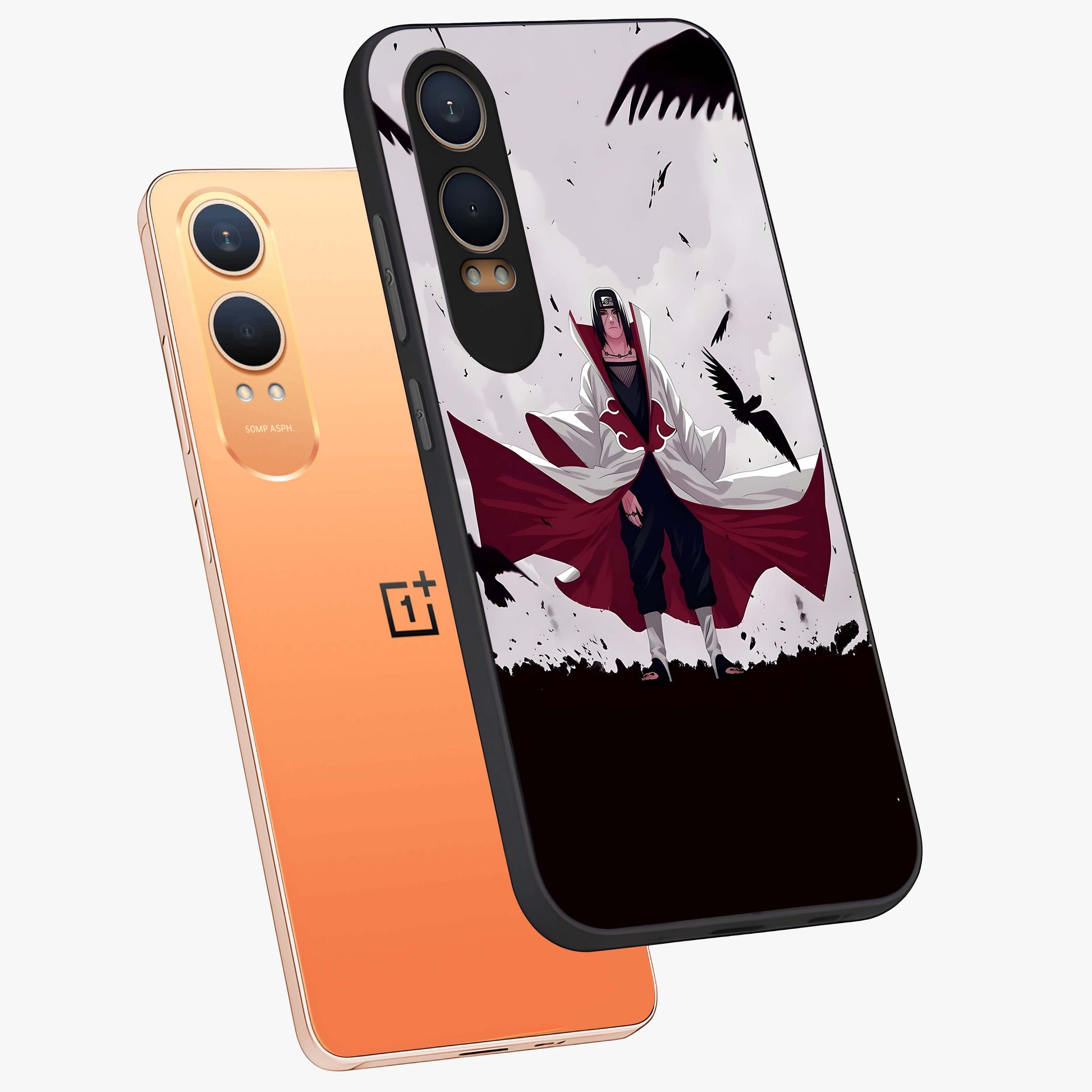 Crimson Crow Ascension Glass Case for 1+Nord CE 4 Lite angled mockup showcasing glossy finish and dramatic gothic design