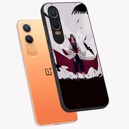 Crimson Crow Ascension Glass Case for 1+Nord CE 4 Lite angled mockup showcasing glossy finish and dramatic gothic design
