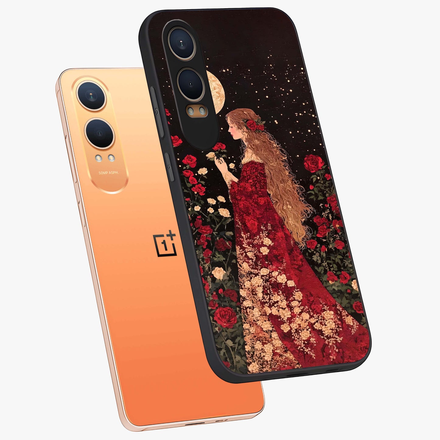 Crimson Dreams Glass Case for 1+Nord CE 4 Lite angled mockup showcasing glossy finish and deep crimson gradients