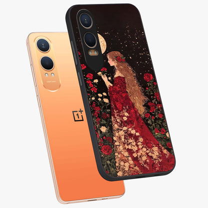 Crimson Dreams Glass Case for 1+Nord CE 4 Lite angled mockup showcasing glossy finish and deep crimson gradients