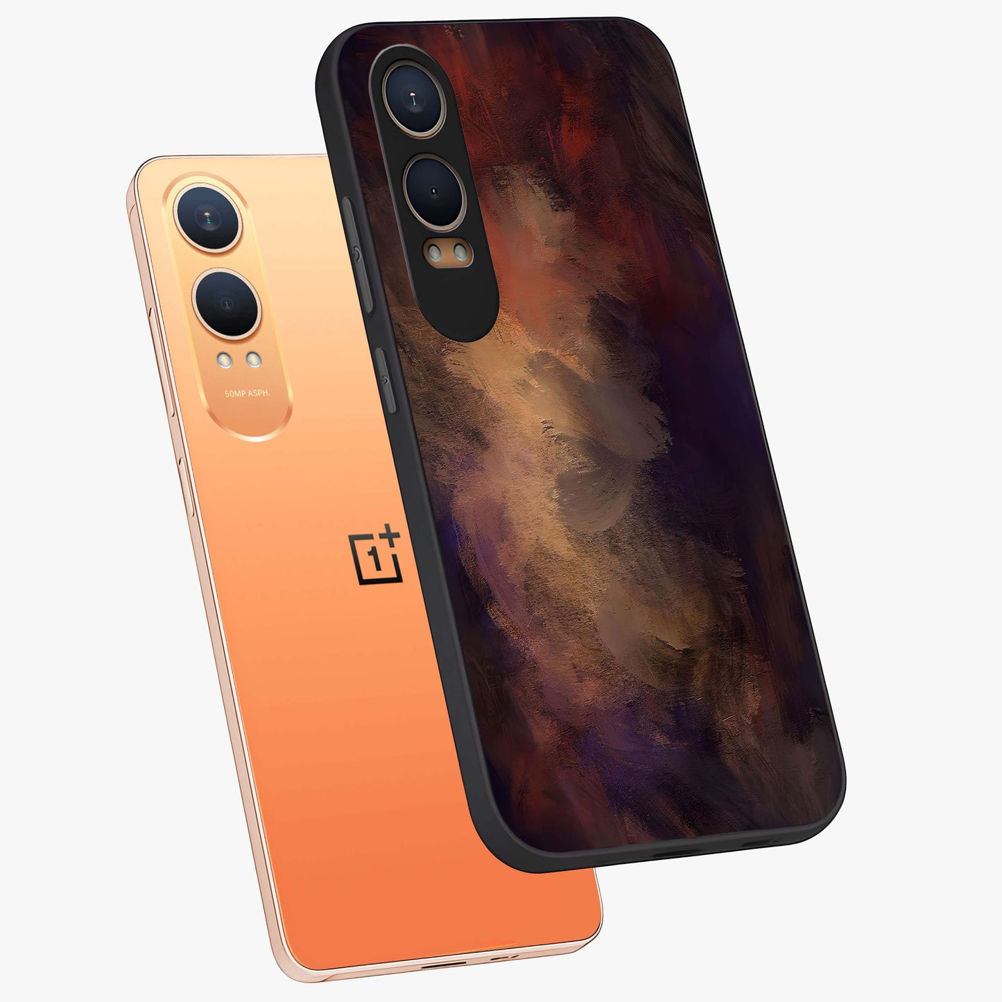 Crimson Dusk Whirl Glass Case for 1+Nord CE 4 Lite angled mockup showcasing glossy finish and bold abstract motion design