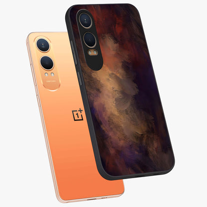 Crimson Dusk Whirl Glass Case for 1+Nord CE 4 Lite angled mockup showcasing glossy finish and bold abstract motion design