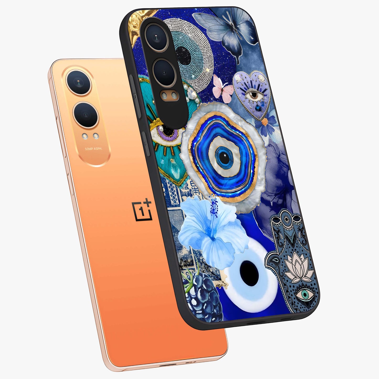 Crimson Evil Eye Charm Glass Case for 1+Nord CE 4 Lite angled mockup showcasing glossy finish and vibrant symbolic detailing