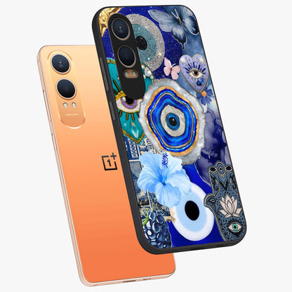 Crimson Evil Eye Charm Glass Case for 1+Nord CE 4 Lite angled mockup showcasing glossy finish and vibrant symbolic detailing