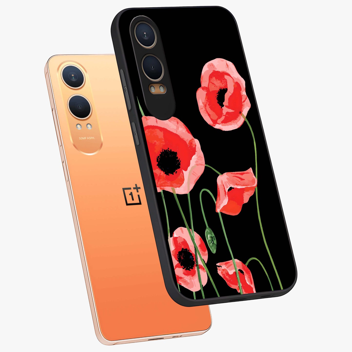 Crimson Garden Dream Glass Case for 1+Nord CE 4 Lite angled mockup showcasing glossy finish and vibrant bloom detailing