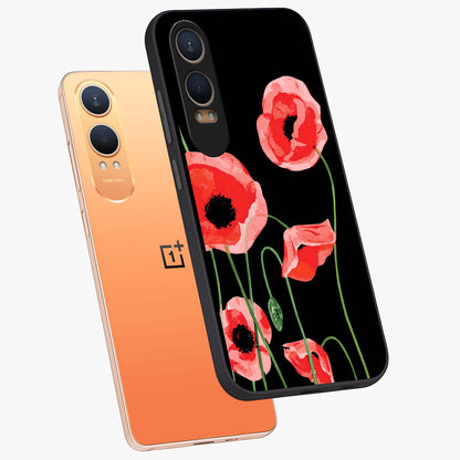 Crimson Garden Dream Glass Case for 1+Nord CE 4 Lite angled mockup showcasing glossy finish and vibrant bloom detailing