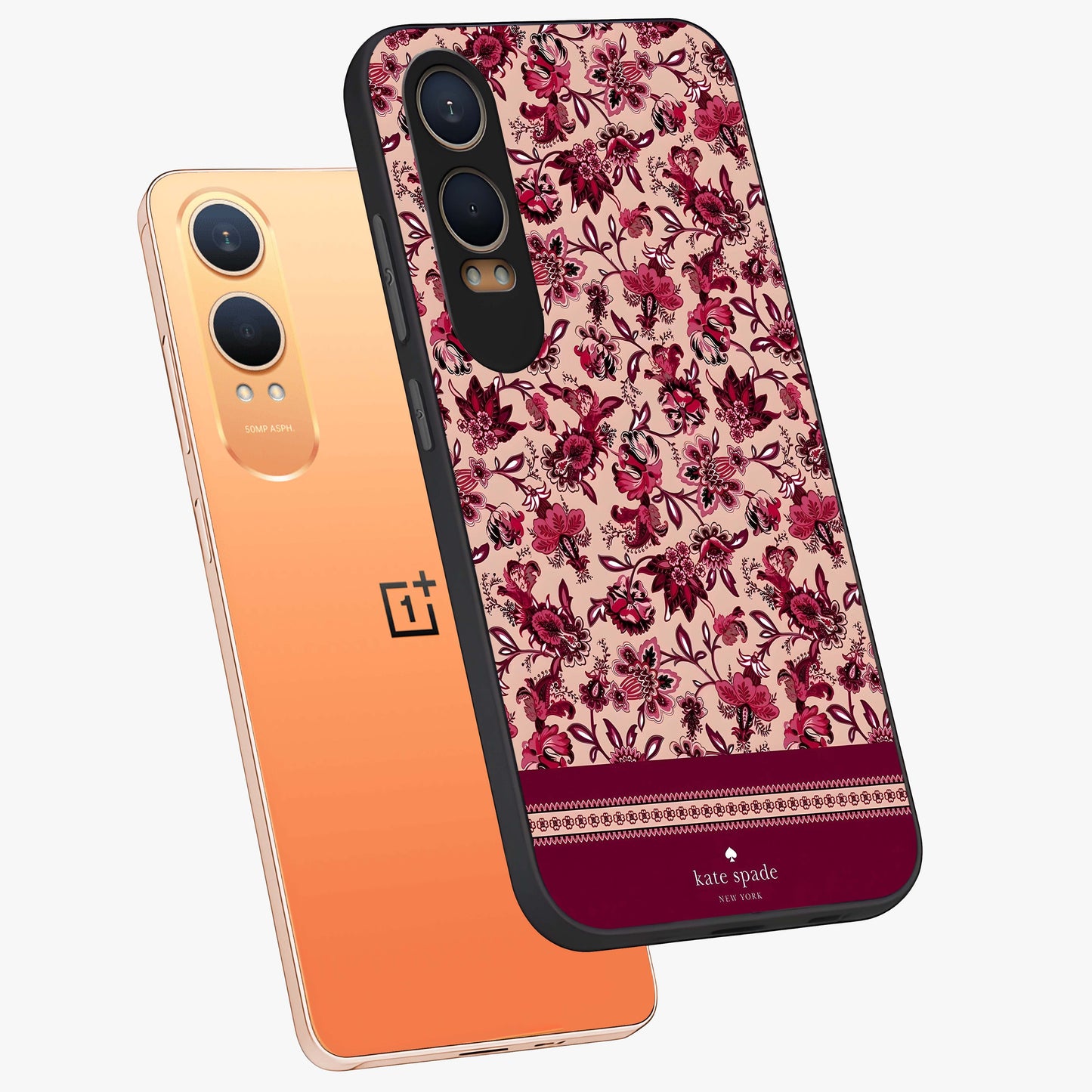 Crimson Rose Charm Glass Case for 1+Nord CE 4 Lite angled mockup showcasing glossy finish and romantic floral detailing