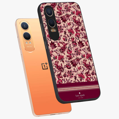 Crimson Rose Charm Glass Case for 1+Nord CE 4 Lite angled mockup showcasing glossy finish and romantic floral detailing