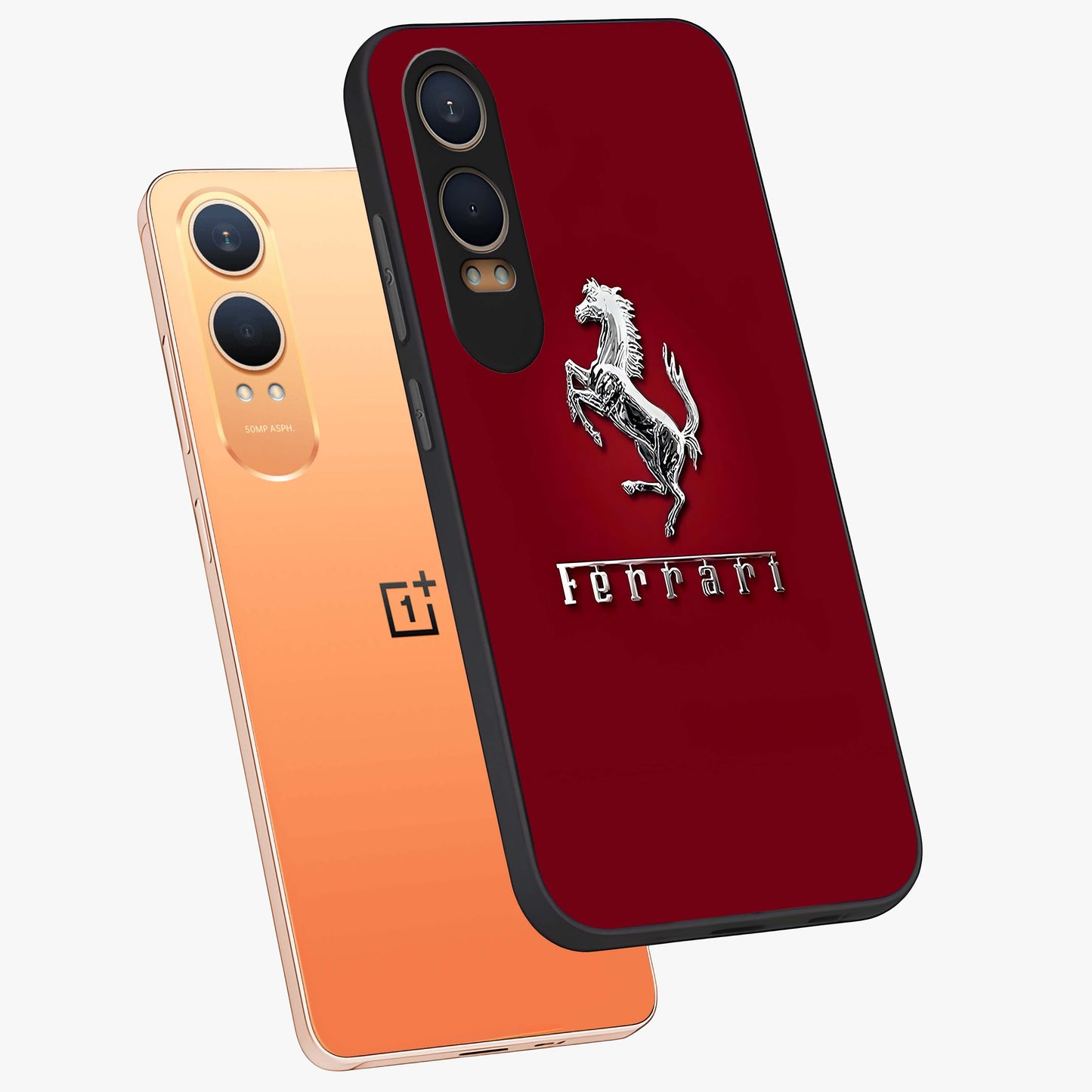 Crimson Stallion Prestige Glass Case for 1+Nord CE 4 Lite angled mockup showcasing glossy finish and bold equestrian detailing