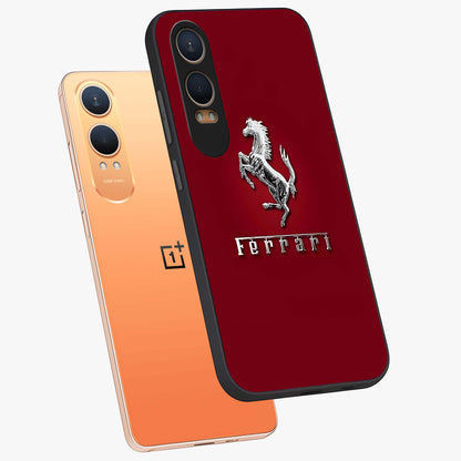 Crimson Stallion Prestige Glass Case for 1+Nord CE 4 Lite angled mockup showcasing glossy finish and bold equestrian detailing