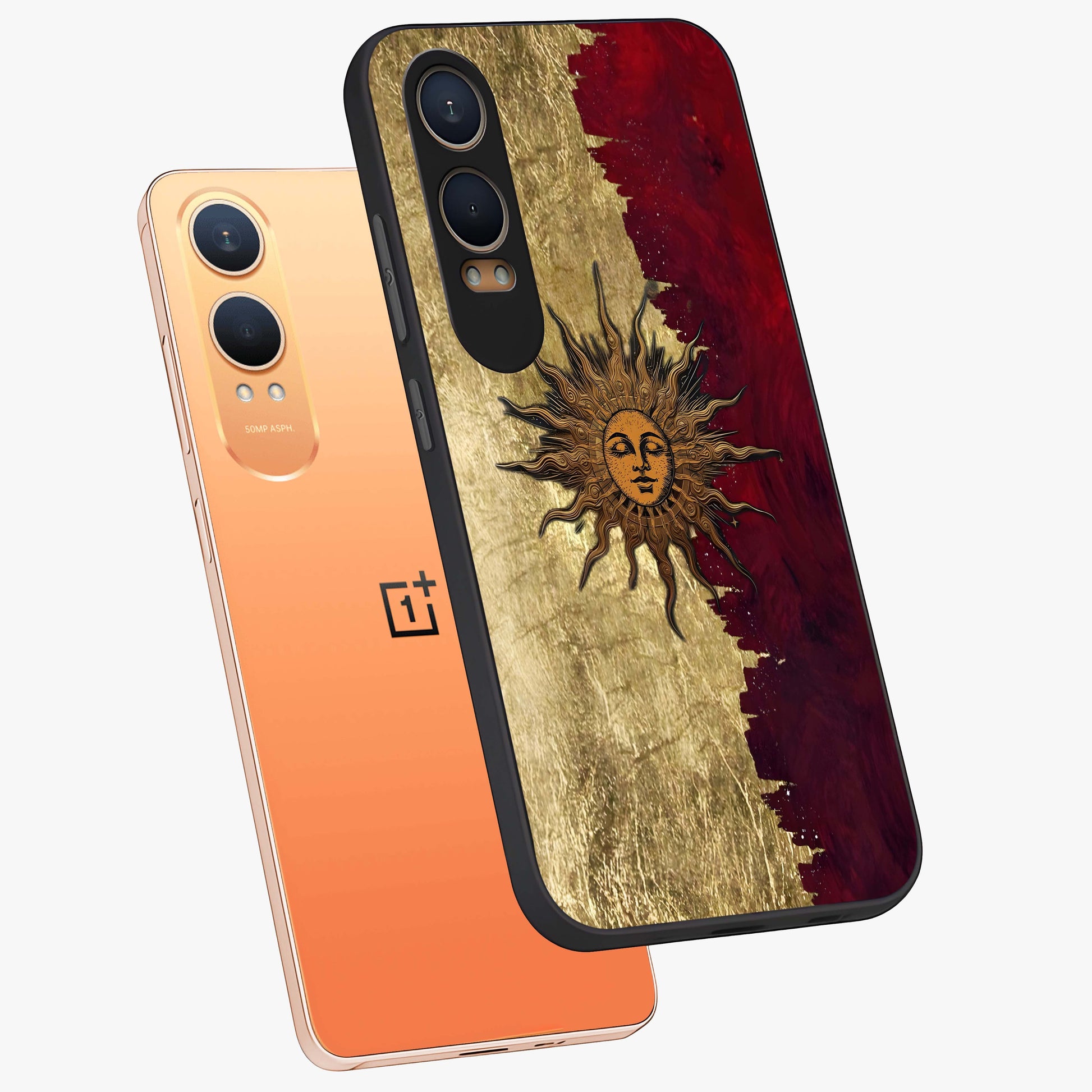 Crimson Sun Majesty Glass Case for 1+Nord CE 4 Lite angled mockup showcasing glossy finish and majestic celestial tones