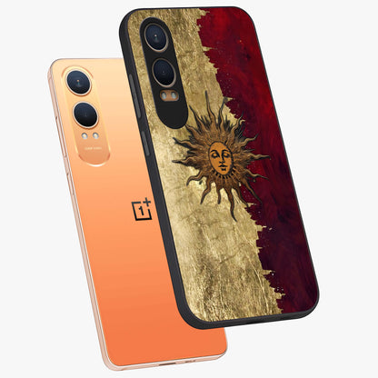 Crimson Sun Majesty Glass Case for 1+Nord CE 4 Lite angled mockup showcasing glossy finish and majestic celestial tones