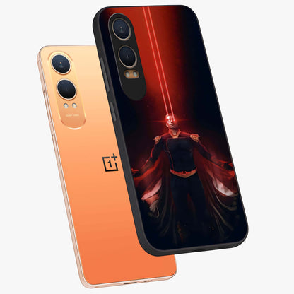 Crimson Vision Ascension Glass Case for 1+Nord CE 4 Lite angled mockup showcasing glossy finish and dramatic artistic detailing