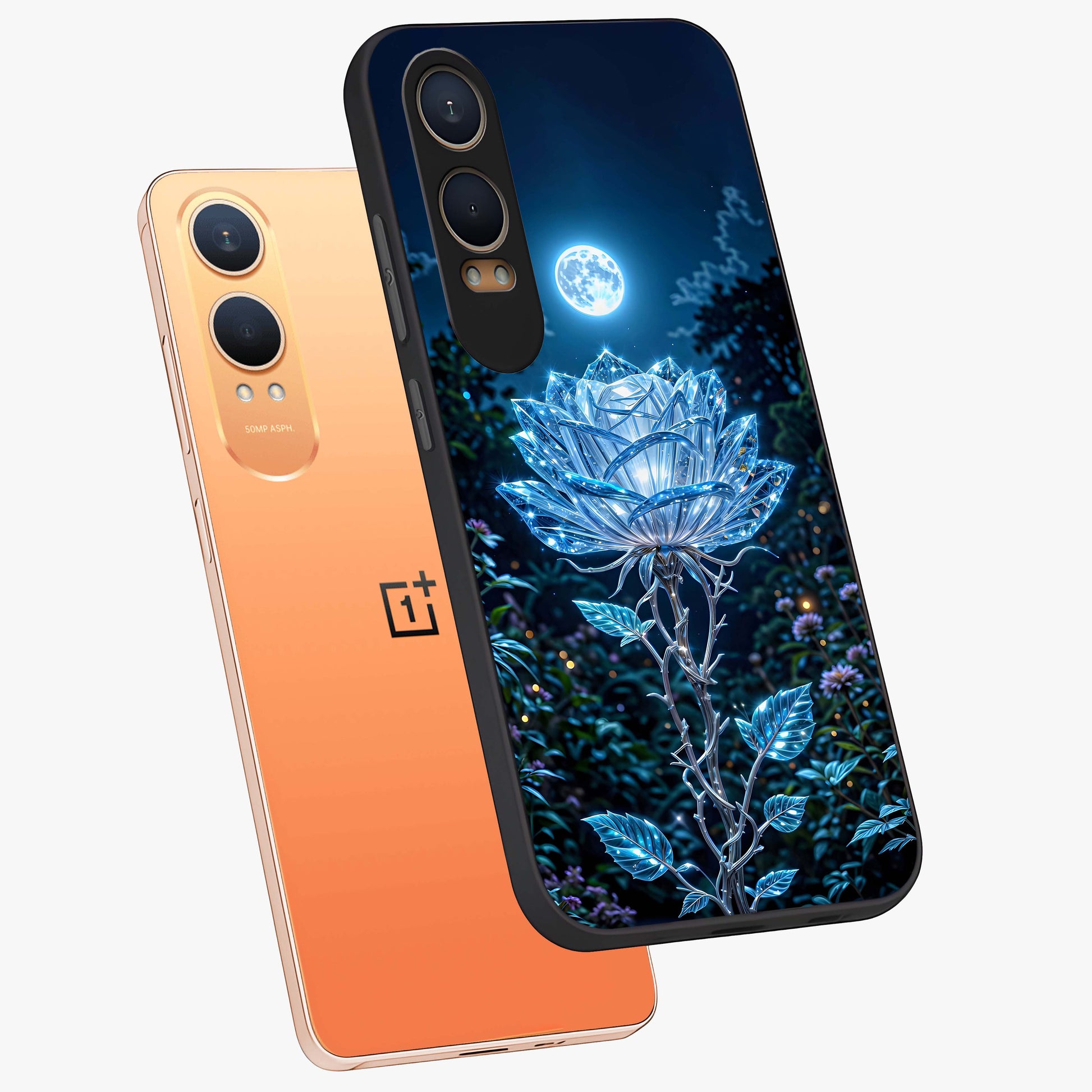 Crystal Moon Lotus Glass Case for 1+Nord CE 4 Lite angled mockup showcasing glossy glass finish and luminous floral detailing