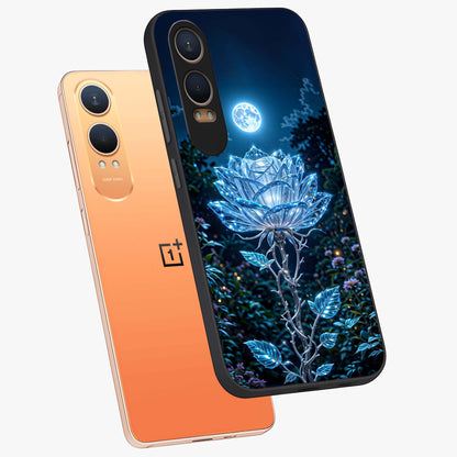 Crystal Moon Lotus Glass Case for 1+Nord CE 4 Lite angled mockup showcasing glossy glass finish and luminous floral detailing