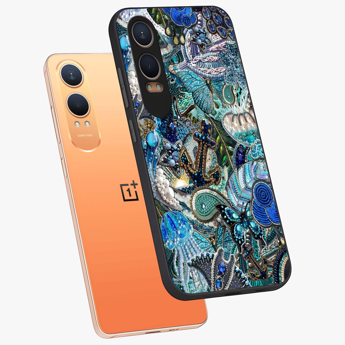 Crystal Ocean Magic Glass Case for 1+Nord CE 4 Lite angled mockup showcasing glossy finish and flowing aqua tones