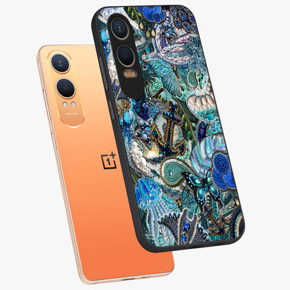 Crystal Ocean Magic Glass Case for 1+Nord CE 4 Lite angled mockup showcasing glossy finish and flowing aqua tones