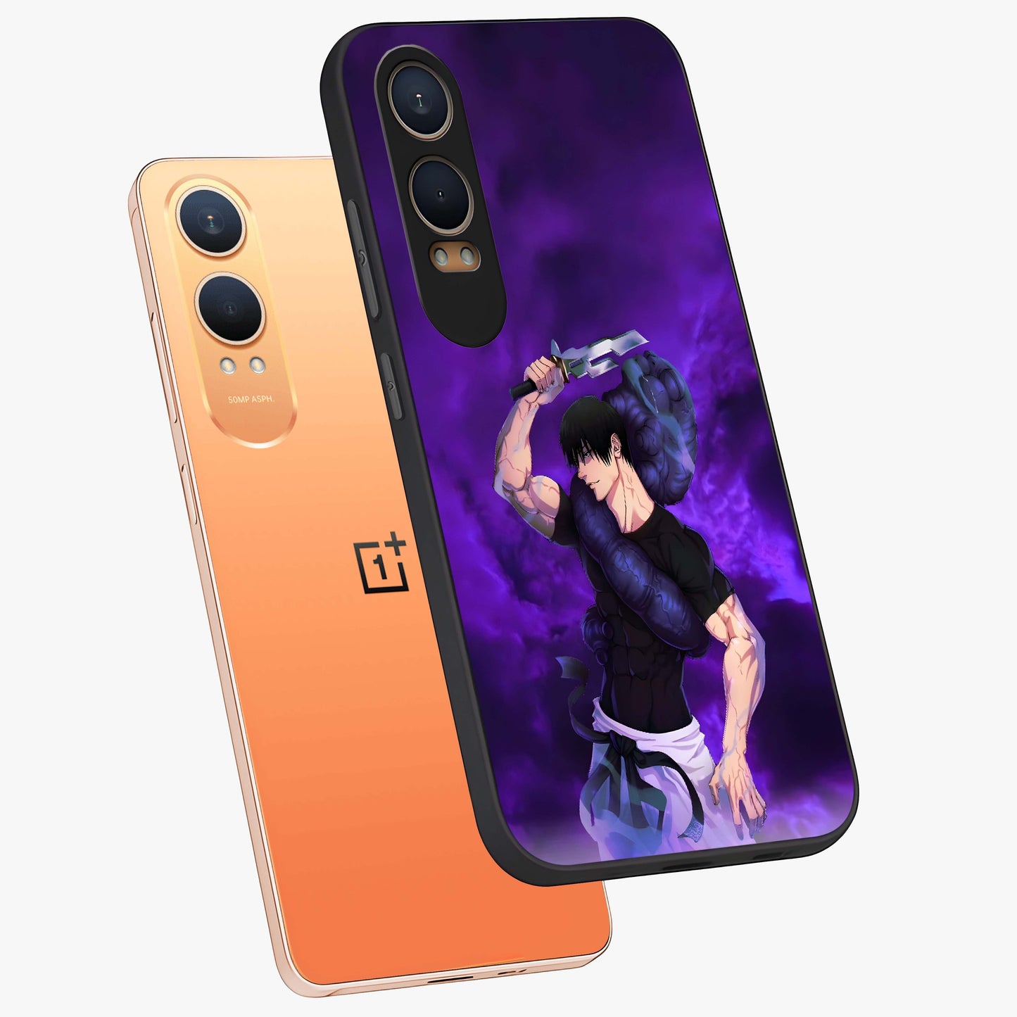 Cursed Strength Ascension Glass Case for 1+Nord CE 4 Lite angled mockup showcasing glossy finish and bold shadow detailing