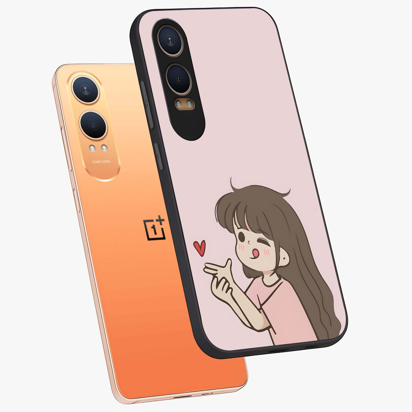 Cute Kiss Heart Glass Case for 1+Nord Ce 4 Lite angled mockup showcasing glossy finish and soft pastel tones