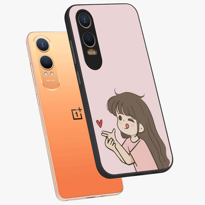 Cute Kiss Heart Glass Case for 1+Nord Ce 4 Lite angled mockup showcasing glossy finish and soft pastel tones