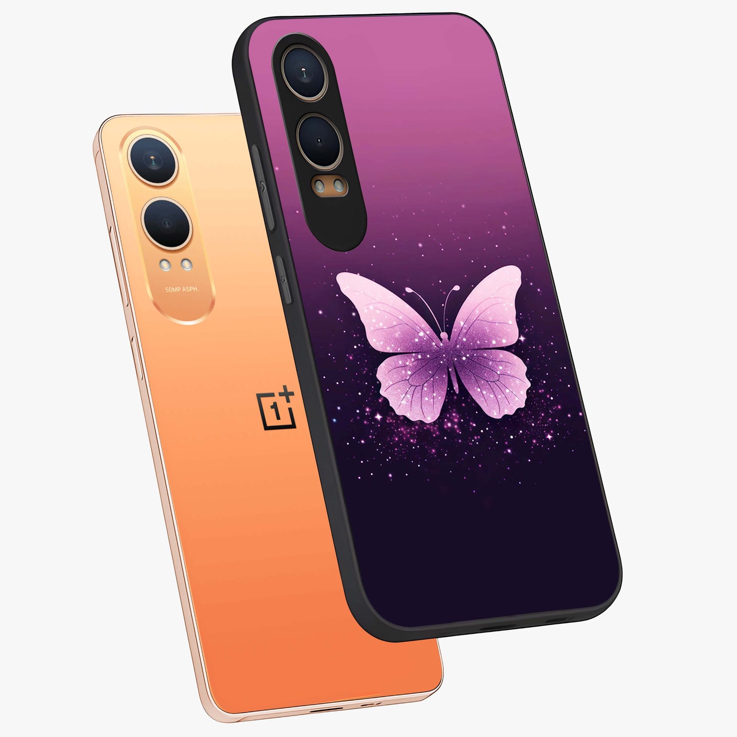 Cute Starry Butterfly Glass Case for 1+Nord Ce 4 Lite angled mockup showcasing glossy finish and celestial pastel tones