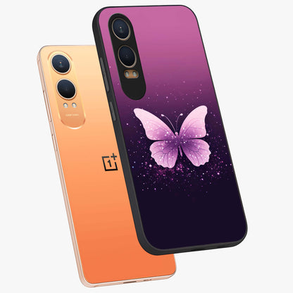 Cute Starry Butterfly Glass Case for 1+Nord Ce 4 Lite angled mockup showcasing glossy finish and celestial pastel tones