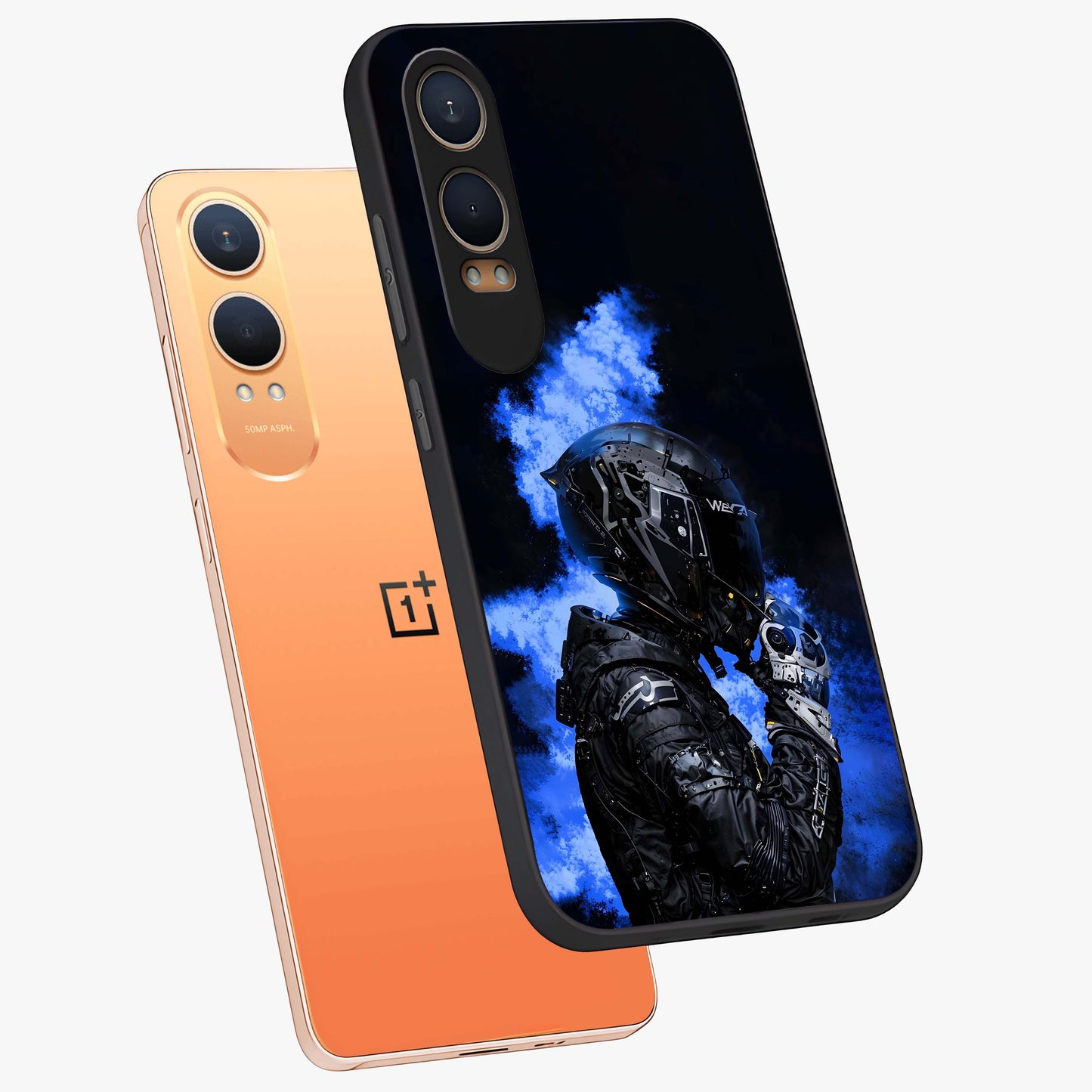 Cyber Sentinel Protocol Glass Case for 1+Nord CE 4 Lite angled mockup showcasing glossy finish and high tech neon detailing