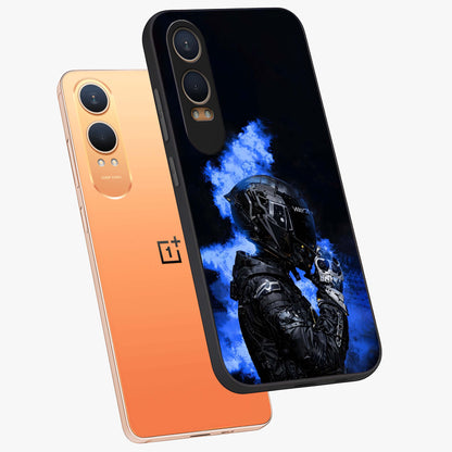 Cyber Sentinel Protocol Glass Case for 1+Nord CE 4 Lite angled mockup showcasing glossy finish and high tech neon detailing