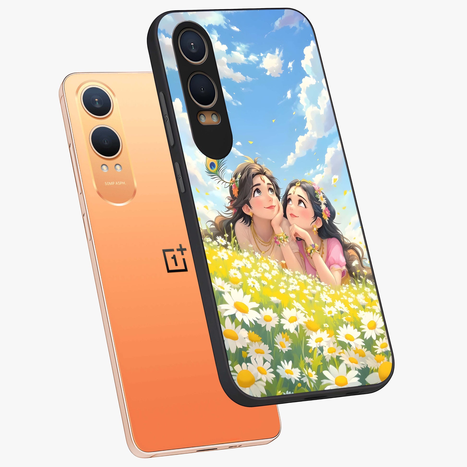 Daisy Daydream Love Glass Case for 1+Nord CE 4 Lite angled mockup showcasing glossy finish and pastel bloom tones