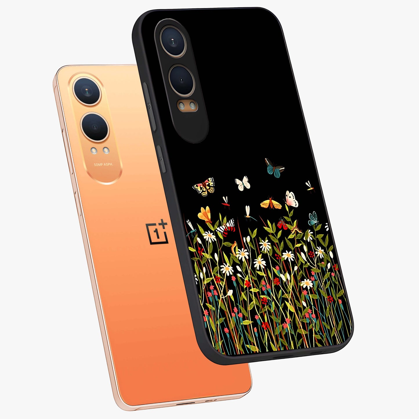 Dark Bloom Wonderland Custom Name Glass Case for 1+Nord CE 4 Lite angled mockup showcasing glossy finish and rich bloom textures
