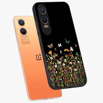Dark Bloom Wonderland Custom Name Glass Case for 1+Nord CE 4 Lite angled mockup showcasing glossy finish and rich bloom textures