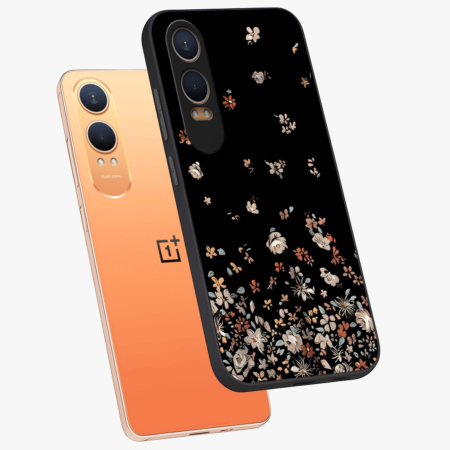 Dark Petal Aesthetic Glass Case for 1+Nord CE 4 Lite angled mockup showcasing glossy finish and dramatic petal detailing