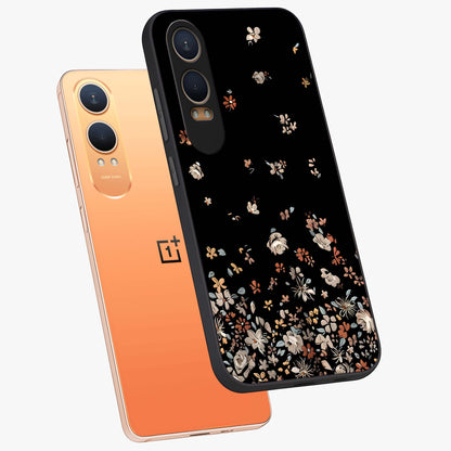 Dark Petal Aesthetic Glass Case for 1+Nord CE 4 Lite angled mockup showcasing glossy finish and dramatic petal detailing