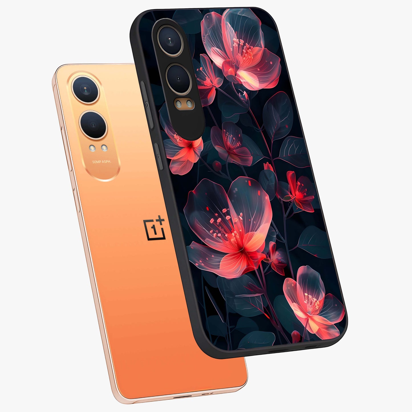 Dark Shade of Flower Glass Case for 1+Nord Ce 4 Lite angled mockup showcasing glossy finish and bold contrast detailing