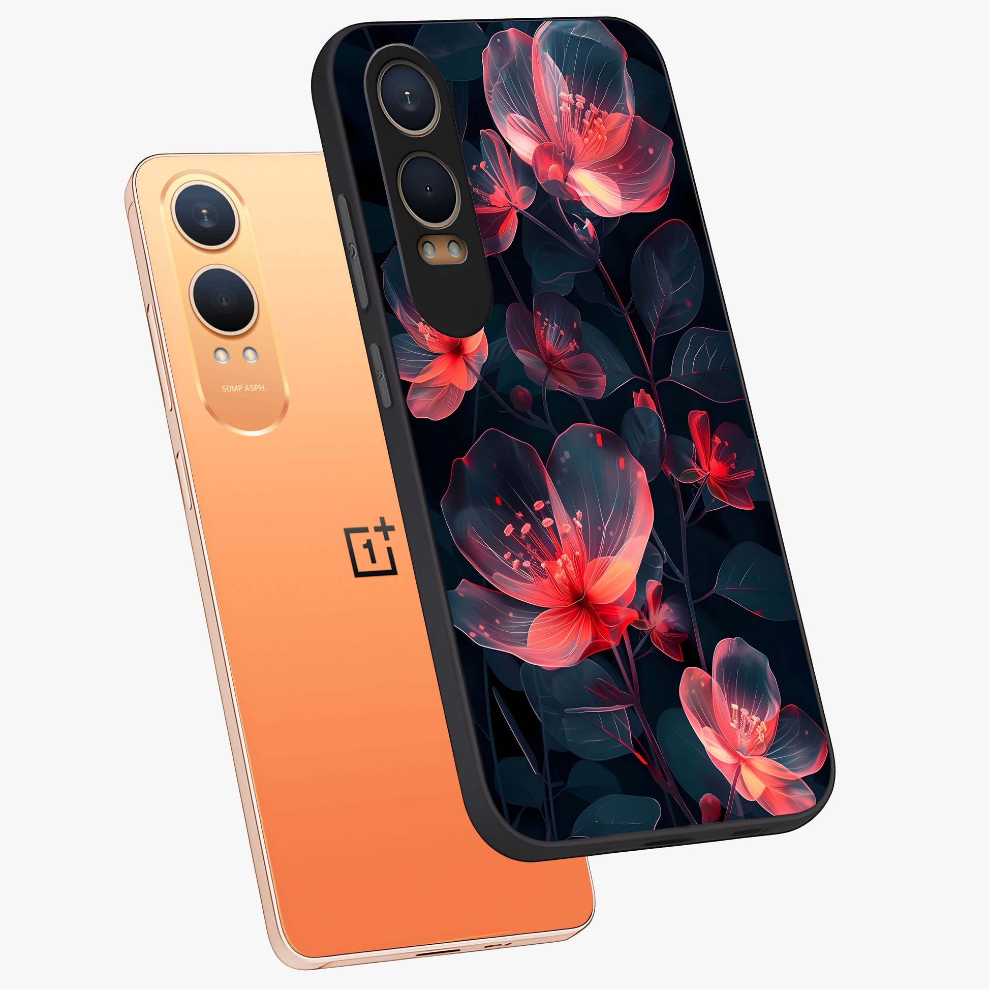 Dark Shade of Flower Glass Case for 1+Nord Ce 4 Lite angled mockup showcasing glossy finish and bold contrast detailing