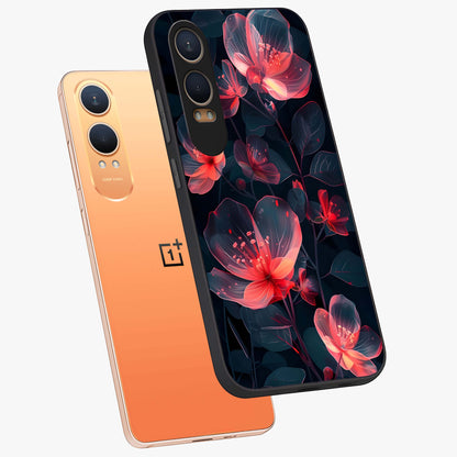 Dark Shade of Flower Glass Case for 1+Nord Ce 4 Lite angled mockup showcasing glossy finish and bold contrast detailing