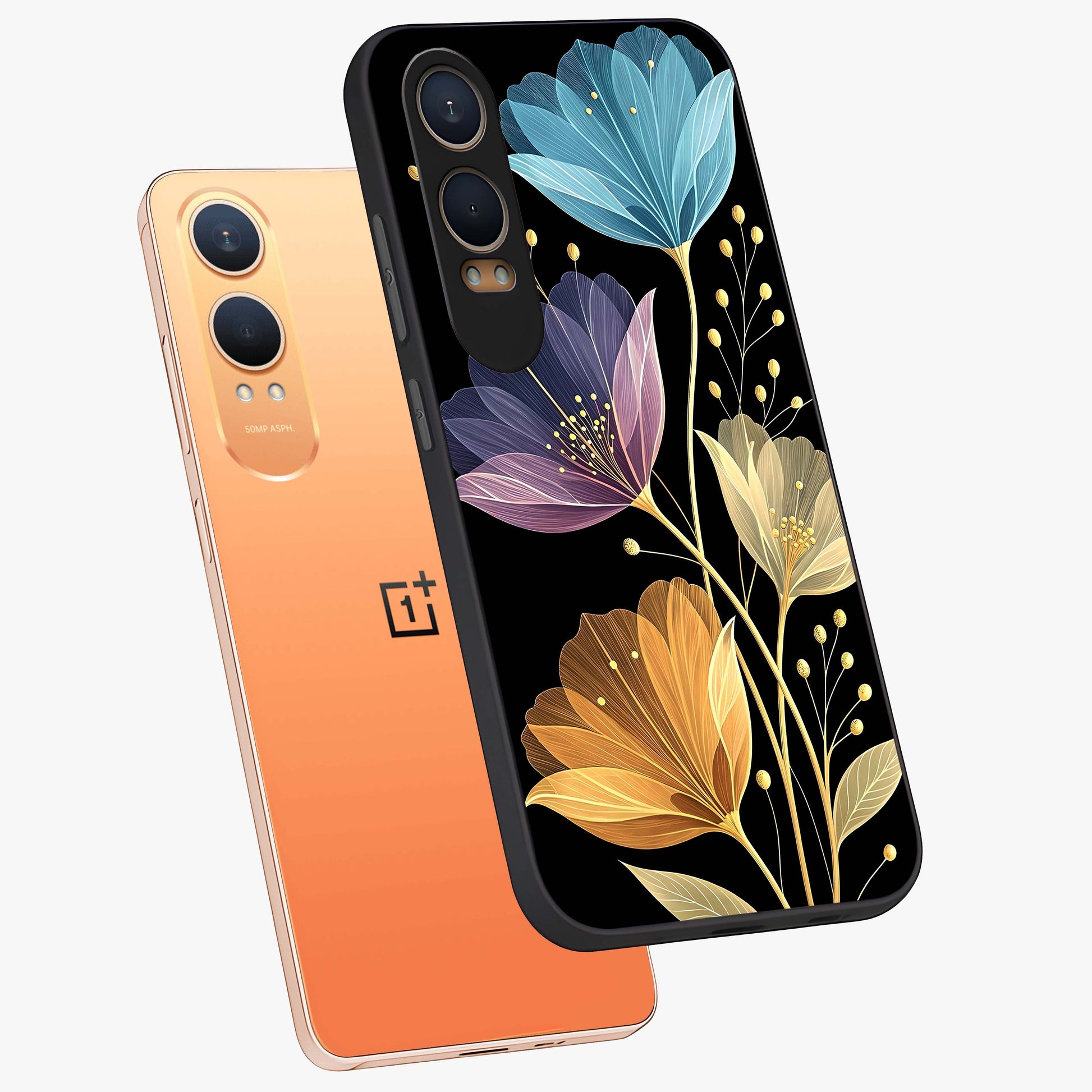 Delicate Multicolor Flowers Glass Case for 1+Nord CE 4 Lite angled mockup showcasing glossy finish and pastel bloom detailing
