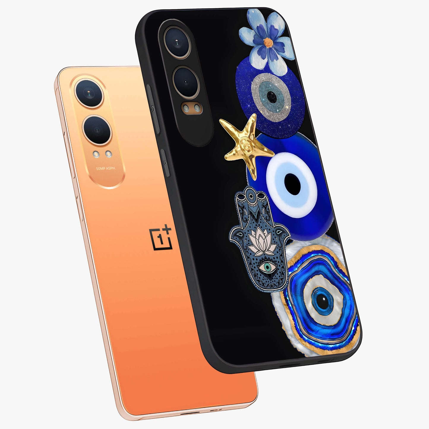 Divine Eye Bloom Glass Case for 1+Nord CE 4 Lite angled mockup showcasing glossy finish and vibrant protective detailing