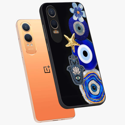 Divine Eye Bloom Glass Case for 1+Nord CE 4 Lite angled mockup showcasing glossy finish and vibrant protective detailing