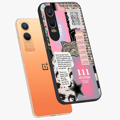 Divine Love Vibes Glass Case for 1+Nord CE 4 Lite angled mockup showcasing glossy finish and warm aesthetic tones